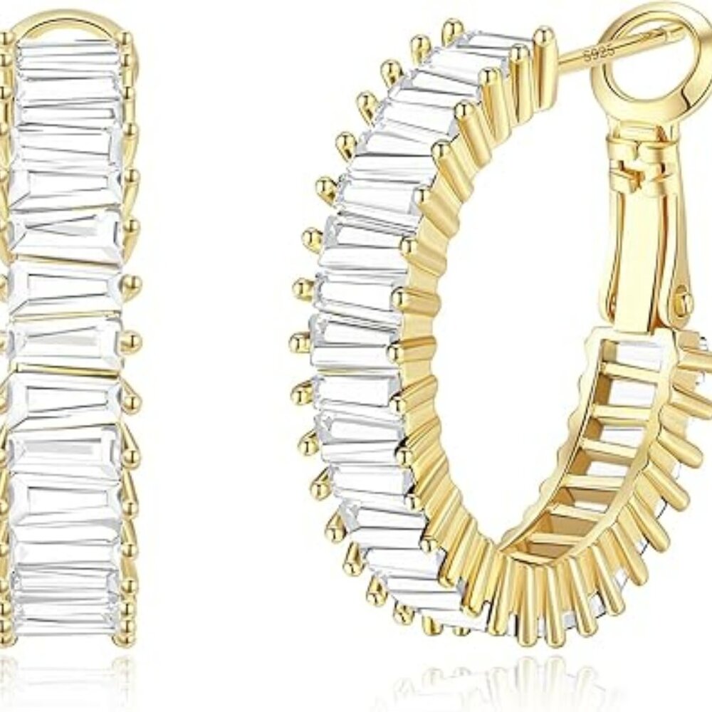Stunning Cubic Zirconia Hoop Earrings 14K Gold Lightweight Hypoallergenic